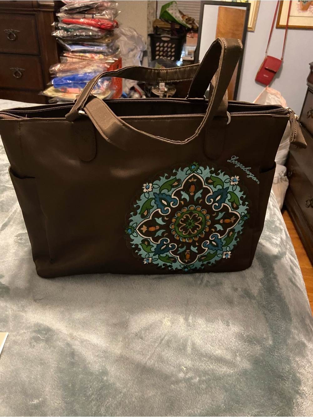 Longaberger Brown Tote with Turquoise and Green new 17x10